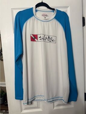 Salt Life White Rash Guard with Light Blue Trim and Logo